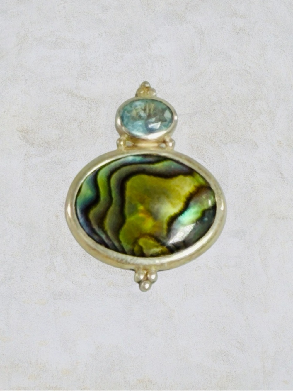 Sterling Silver A925 Oval Abalone Blue Topaz Crystal Pendant Charm Green Yellow